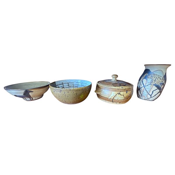 Quartet of 4 Pottery Pieces: Bowls and Vases, Tallest Piece 8.25 Inches