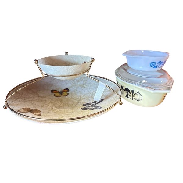 Mid Century Modern Collection: Pyrex Butterfly Chips and Dip Platter, 1958 Mod Casserole Dish, an...