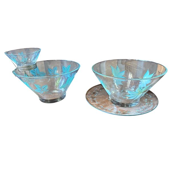 Mid-Century Trio: Anchor Hocking Chip and Dip Bowl, Hand-Painted Chip Bowl, Libbey Pinecone Tray