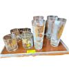 Image 2 : MCM Glasses: Federal Meadow Highballs, Libbey Gold Foliage Tumbler, Kimiko Guardian in Caddie & Tray