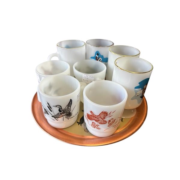 Anchor Hocking Fire King Milk Glass Game Birds Mugs, Glasbake Canadian Arctic Mugs, and Tray