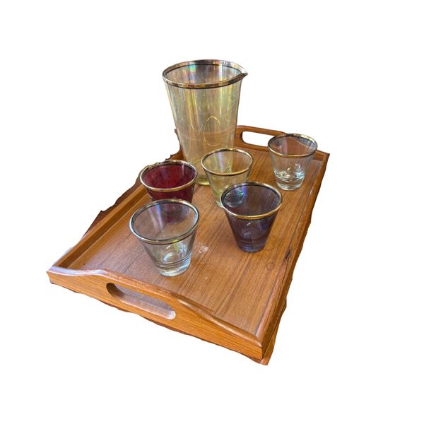 Kosta Boda Mid Century Modern Glasses and Pitcher Set on Teak Serving Tray