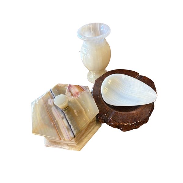 Stone Decorative Pieces: Alabaster Ashtray, White Onyx Vase 6-Inch & Dish, Banded Onyx Keepsake Box
