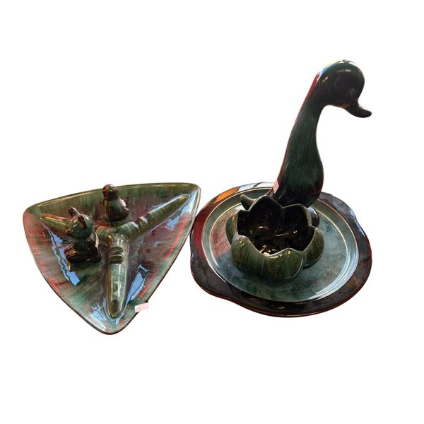 Blue Mountain Pottery Collection Bear Owl Ashtray Platter Lotus Bowl and Duck