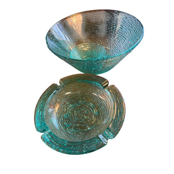 Mid Century Modern Soreno Aquamarine Anchor Hocking Chip & Dip Bowls and 9-Inch Large Ashtray