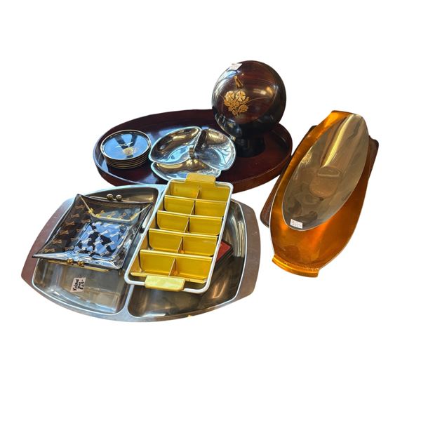 Collection of Mid Century Modern Items: Trays, Shikki, Coasters, Lacquer Ware, Chrome and More