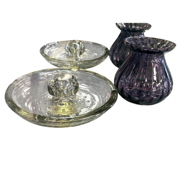 Purple Uranium Glass Vase and Bullicante Uranium Glass Ashtray 8.5 Inch Diameter
