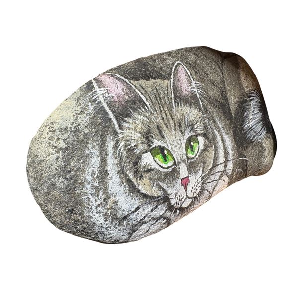 Hand-Painted Cat Folk Art on Stone 17 Inches Wide