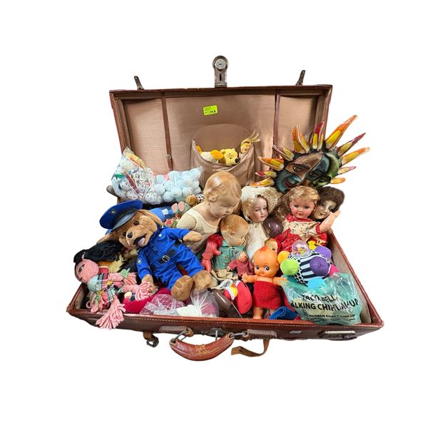 Large Leather Luggage Case with Assorted Stuffed Animals, Toys, and Plush