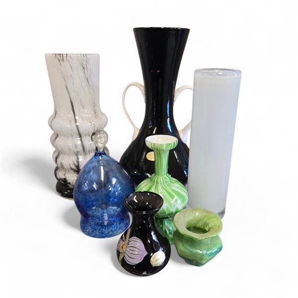 Collection of 7 Studio Art Glass Pieces Including Linea Decor Painted Vase