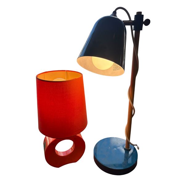 Modern Design Lamps: Orange Lamp 13 Inches Tall and Blue Desk Lamp on Adjustable Wooden Stand