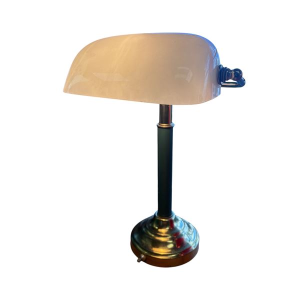 White Glass Shade Bankers Desk Lamp Brass Base Green Pillar Design 17 Inches Tall