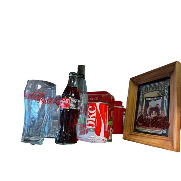 Group - Coca-Cola Glasses, Bottles, Framed Mirror, Tins, Etc.
