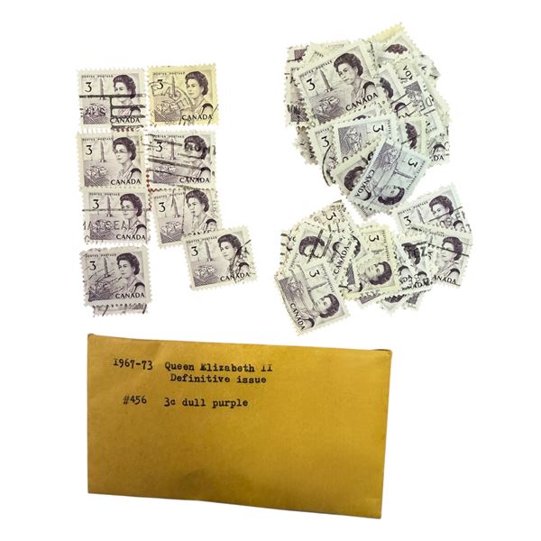 10 Gram Envelope of 1967-73 Queen Elizabeth II Definitive Issue 3¢ Dull Purple Stamps * Used