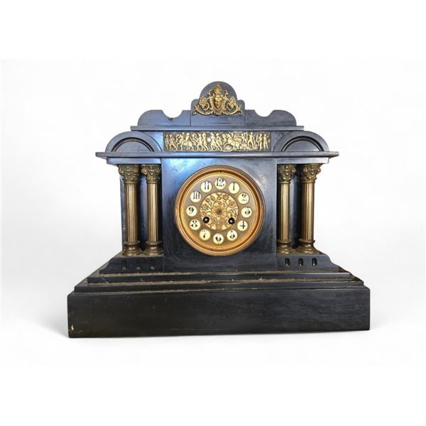 Large Black Slate Antique French Mantel Clock 16.5x14x6 Inches