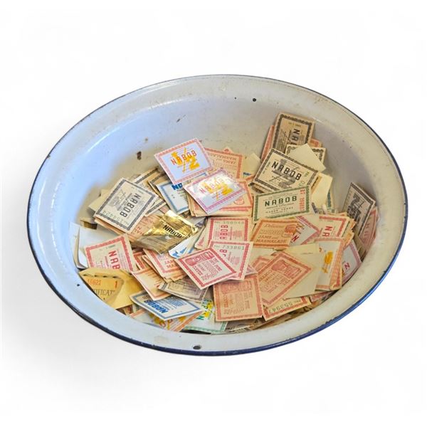 Large Enamel Bowl Filled with Vintage Nabob Coffee Coupons