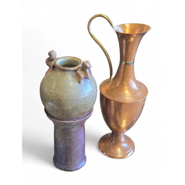 Large Hammered Copper Pitcher 19.5-Inch Tall and Large Studio Pottery Vase Signed A87