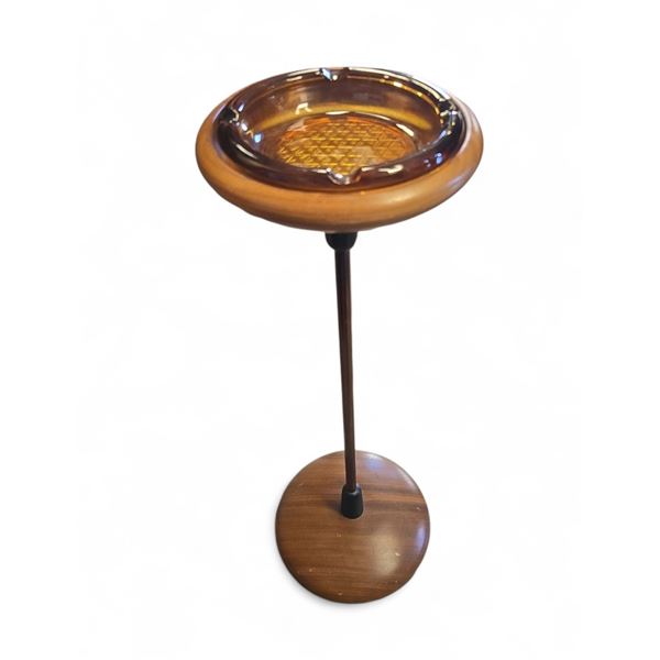 Mid Century Modern Wood Floor Standing Ashtray Amber Glass 23.5-Inch Tall