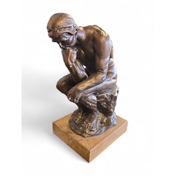 Chalkware Sculpture the Thinker 10.5-Inch Tall on Wood Base