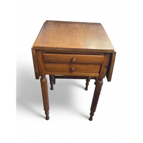 Vintage Cherry Drop Leaf Table Rope Turned Legs Two Drawers 18x18x29-Inch Expands to 35-Inch