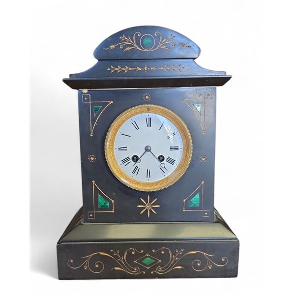 Antique French Victorian Black Slate and Marble Mantle Clock 10x13x6-Inch