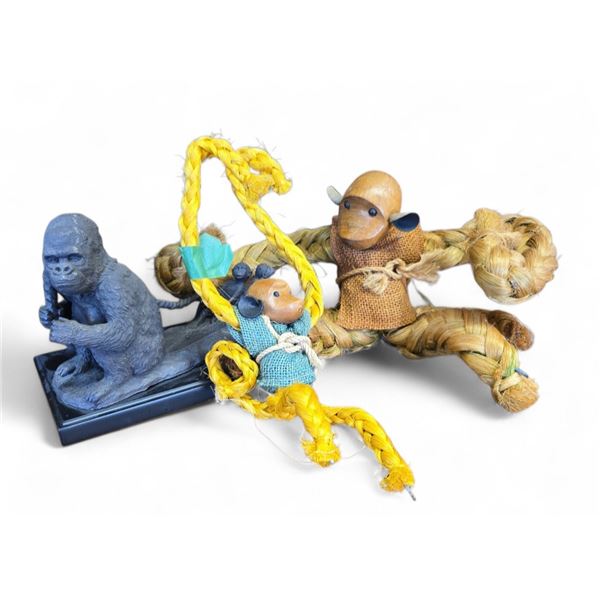 Bronze Gorilla and Monkey Sculpture 6.25-Inch Tall and Two Mid Century Rope Monkey Figures