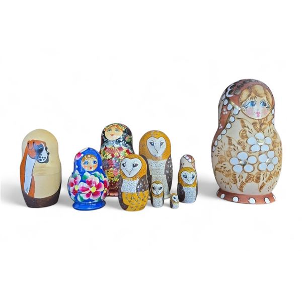 Collection of Assorted Wood Russian Nesting Dolls Hand-Painted