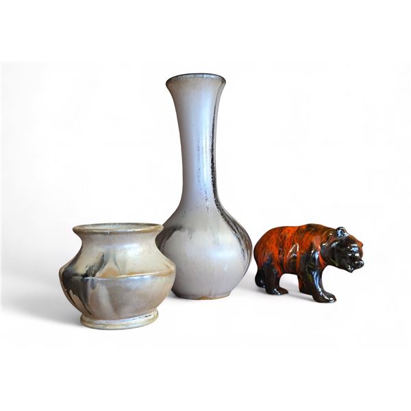 Blue Mountain Pottery Cream Glaze and Rare Orange Drip Glaze Trio Bears Vase 8.5-Inch