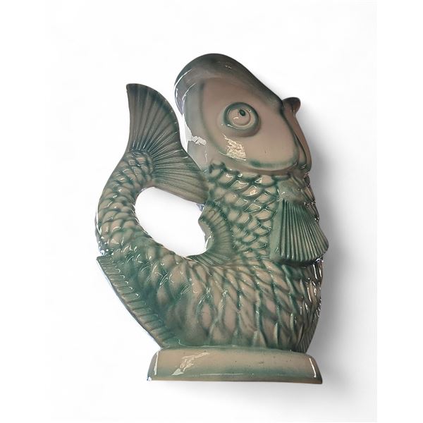 Large Ceramic Green and White Fish Guggle Jug Planter Vase 22-Inch Tall