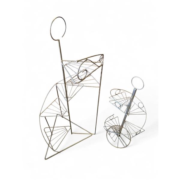 Pair of Gold Tone Mid Century Modern Wire Staircase Design Plant Stands 43.5-Inch and 31-Inch