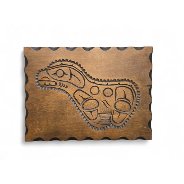 West Coast First Nations Wood Relief Seal Plaque Carving Signed JF 1978 11.5x8.5-Inch