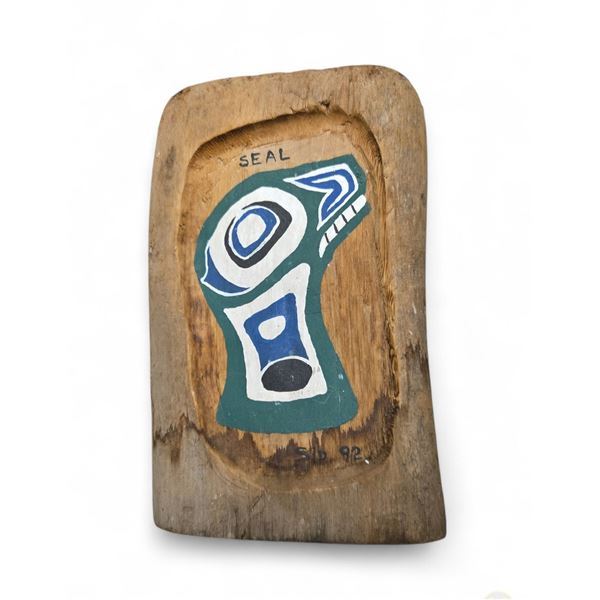 Seal Painting on Wood Relief Carving Signed Sid 92 West Coast First Nations