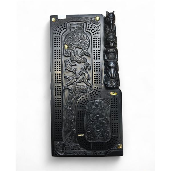 West Coast First Nations Haida Design Cribbage Board Canuck Pearlite 13.5x6.5-Inch