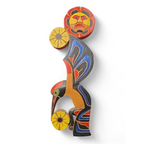 West Coast First Nations Wood Relief Carved Plaque of Hummingbird and Flowers Signed J. Jim 7/6/99