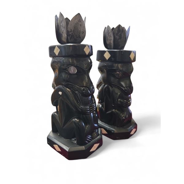 Pair West Coast First Nations Haida Argillite Bear Eating Salmon Totem Candle Stick Holders 7" Tall