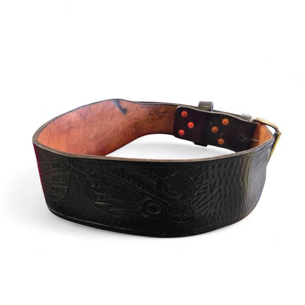 West Coast First Nations Raven Embossed Black Weightlifting Belt Signed by Ray Harestone