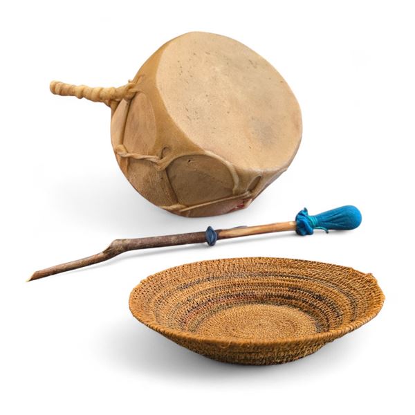 First Nations Sweetgrass Woven Basket 12-Inch and Small Leather Skinned Drum 5.5-Inch