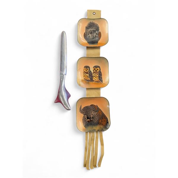 Enamel on Copper Wall Hanging Owls and Bison Plus Pewter Seal Letter Opener First Nations Designs