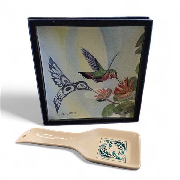 Sue Coleman First Nations Hummingbird Painted Glass Plate 8x8" and Joseph Anthony Art Spoon Holder