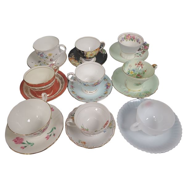 9 Assorted Tea Cups and Matching Suacers Paragon, Aynsley, Rolley. Sadler and Adderley.