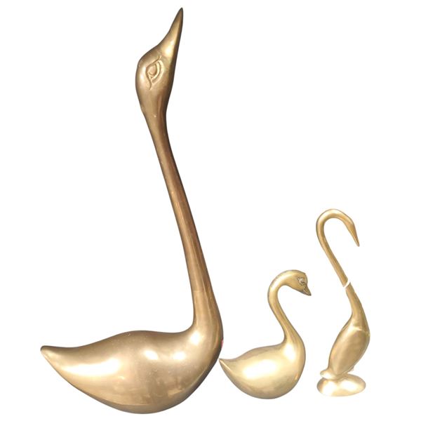 Trio of Brass Birds Swans and Storks Tallest 17-Inch Tall