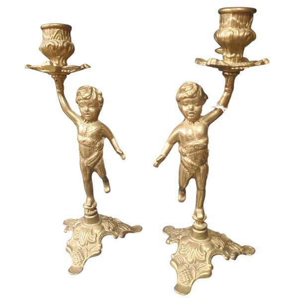 Brass Cupid Candlestick Holders Pair 9-Inch Tall