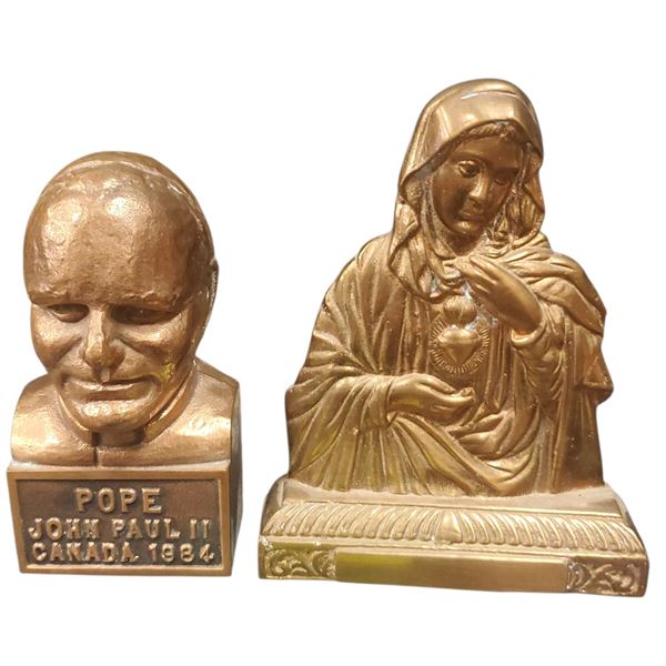 Two Catholic Brass Devotional Art Pope John Paul II Bust and Mary Relief