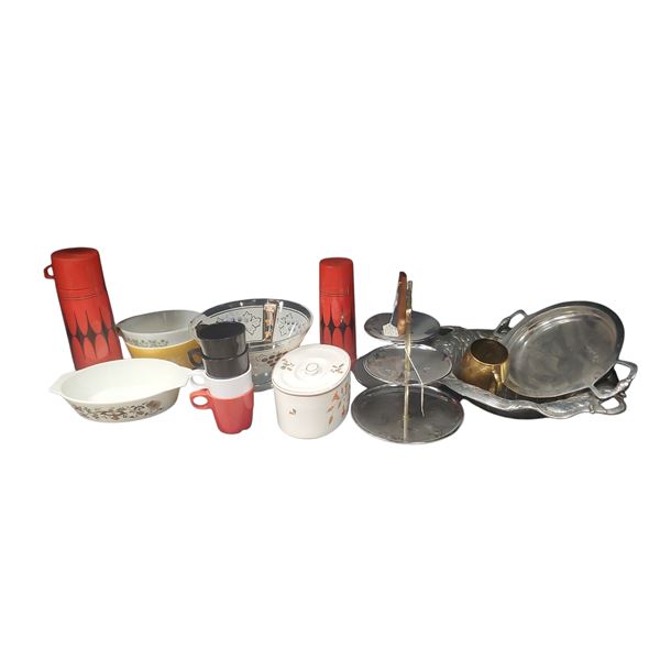 Kitchen Collection: Pyrex, Fire King, Anchor Hocking, Pewter, Brass, MCM Tiered Trays and Thermoses