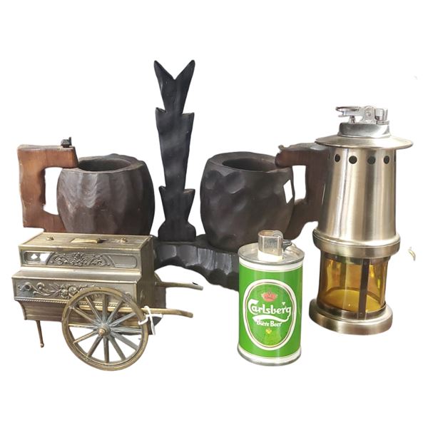 3 Lighters: Shields Brass Table Lighter, Carlsberg Can, Miner Lamp and Spanish Revival Wood Mugs