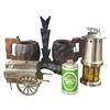 Image 1 : 3 Lighters: Shields Brass Table Lighter, Carlsberg Can, Miner Lamp and Spanish Revival Wood Mugs