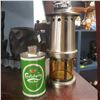 Image 3 : 3 Lighters: Shields Brass Table Lighter, Carlsberg Can, Miner Lamp and Spanish Revival Wood Mugs