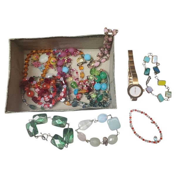 Box of Assorted Jewelry Calvin Klein Watch and Mostly Bracelets