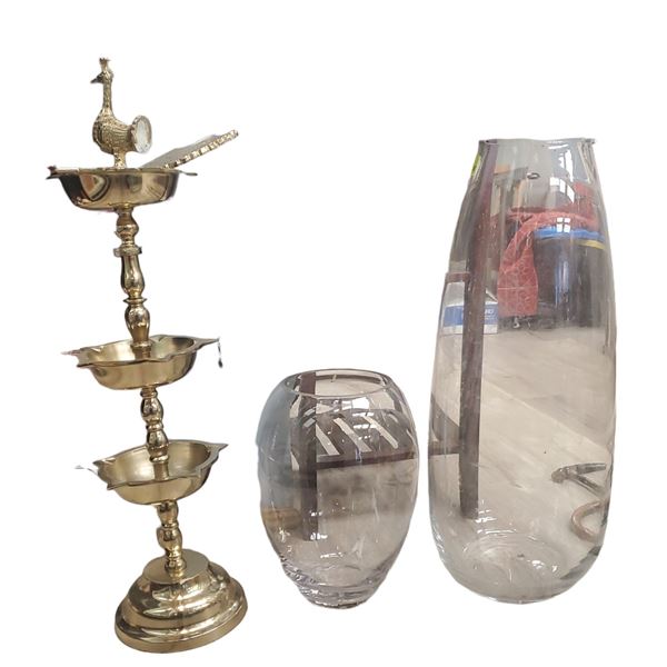 Decorative Items: Large Glass Floor Vases Tallest 26-Inch and Three-Tiered Cast Metal Ashtray