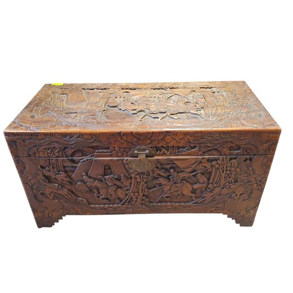Hand Carved Chinese Camphor Chest "The Long Sun Co" 37x18x19-Inch
